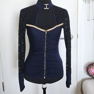 D.i.a Gyaru Navy Blue High Neck Zipper Top With Choker And Lace Sleeves